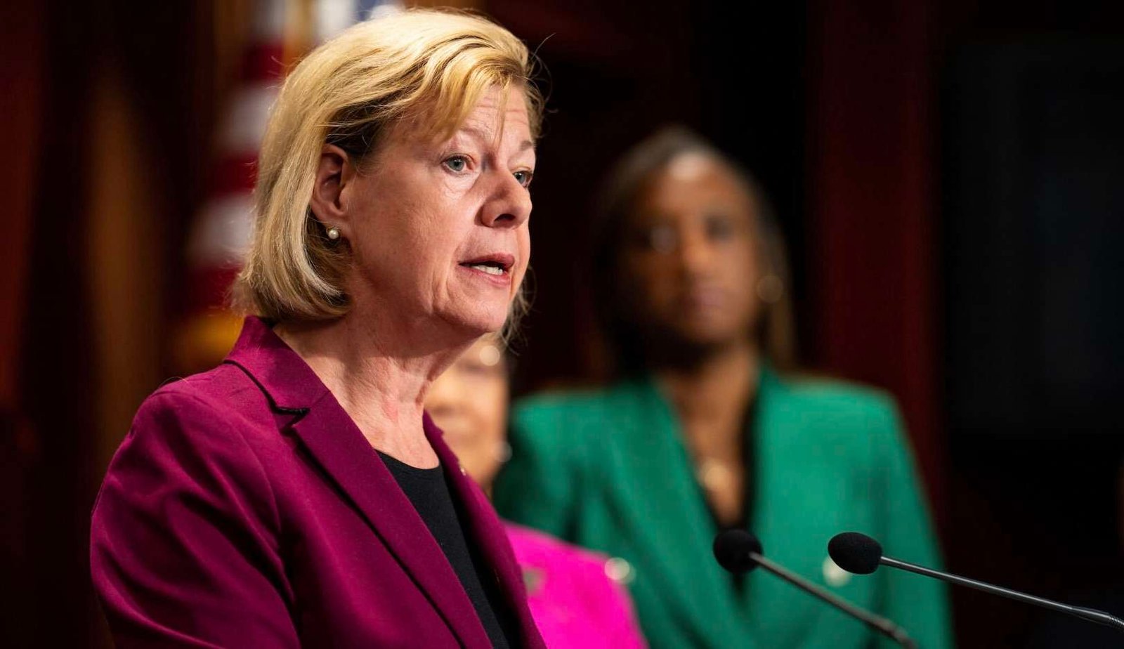WASHINGTON - NOVEMBER 1: Sen. Tammy Baldwin, D-Wisc.,  speaks during the news conference with Senate women Democrats on abortion rights in the Capitol on Wednesday, November 1, 2023. (Bill Clark/CQ Roll Call)