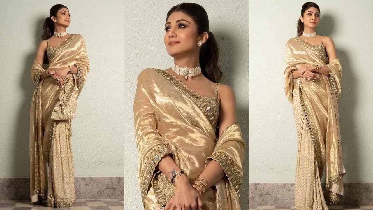 Shilpa Shetty’s Ethereal Gold Saree Looks at Rakul Preet Singh’s Wedding