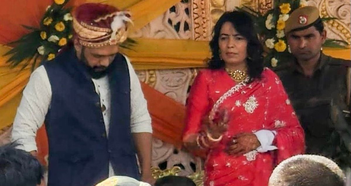New Delhi, Mar 12 (ANI): Two claim-to-be gangsters Anuradha Choudhary alias Madam Minz from Rajasthan and Sandeep alias Kala Jathedi from Haryana get married at Sonipat after a courtship of about four years, on Tuesday. Sandeep is be out on bail for six hours for his wedding. (ANI Photo)